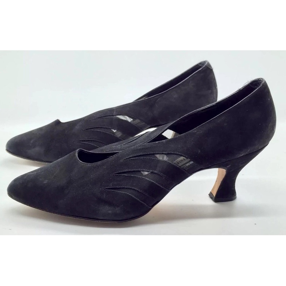 PEPE JIMENEZ España Vtg Black Suede Leather Mesh Mid Heels Pumps Sz 7.5M Spain